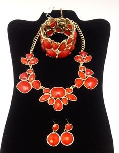 Red/Gold Necklace, Bracelet & Earrings Jewelry Set